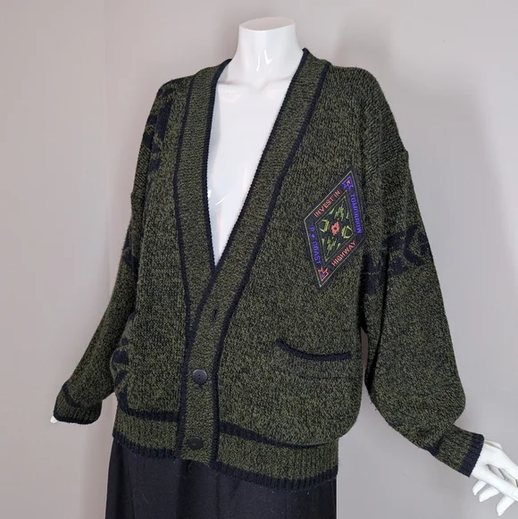Vintage 80s/90s Graphic Knit Cardigan – Academia Patch – Moss Green Preppy - Picture 1 of 9